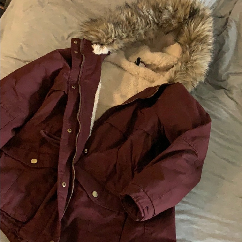 H&M Maroon Fur Hood Jacket